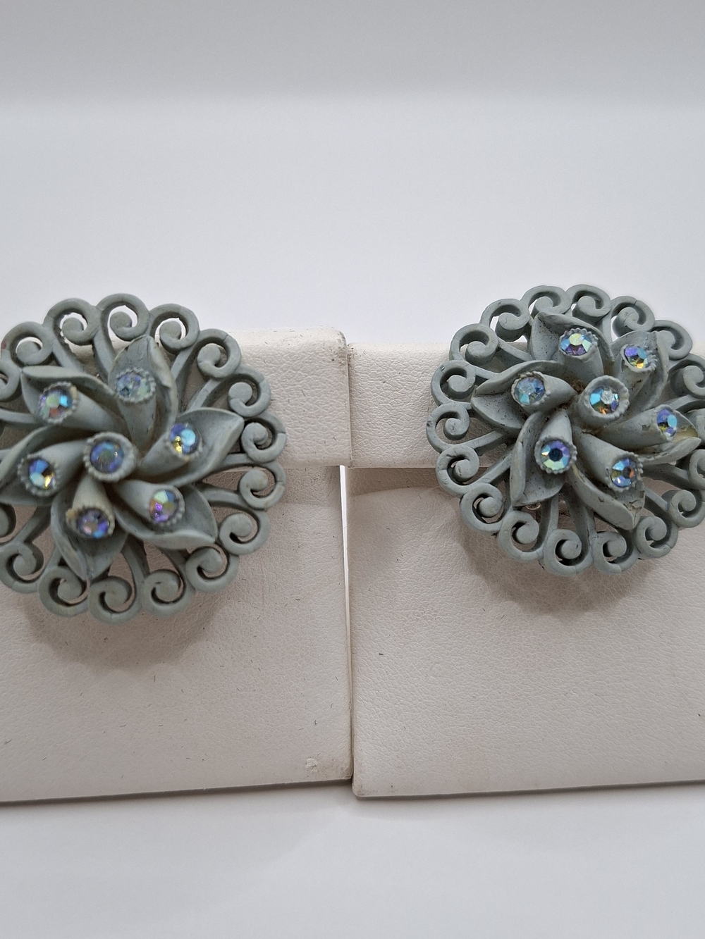 Vintage Gray Floral Swirl Celluloid With AB Rhinestones  Clip Earrings